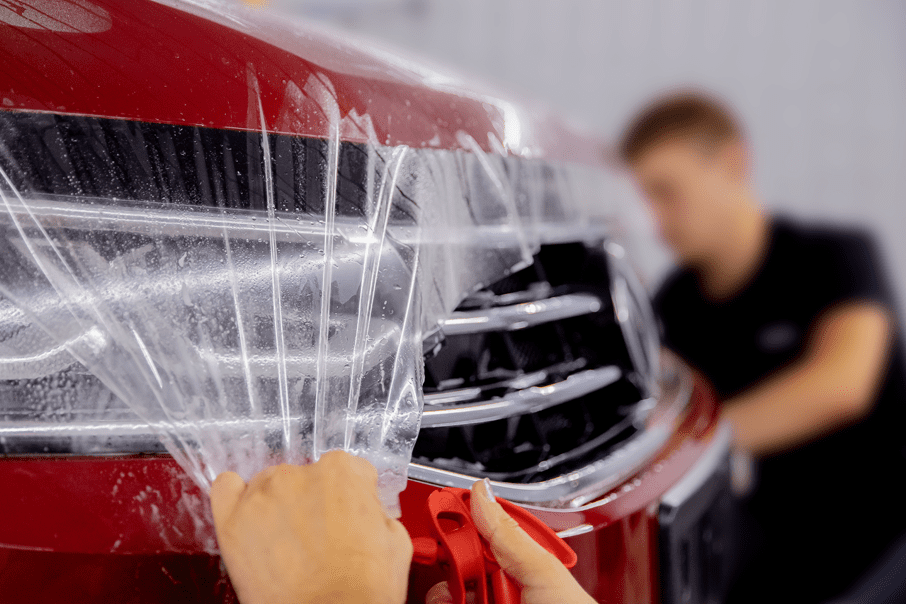 Closeup paint protection PPF is vinyl film, master installation on hood modern luxury car